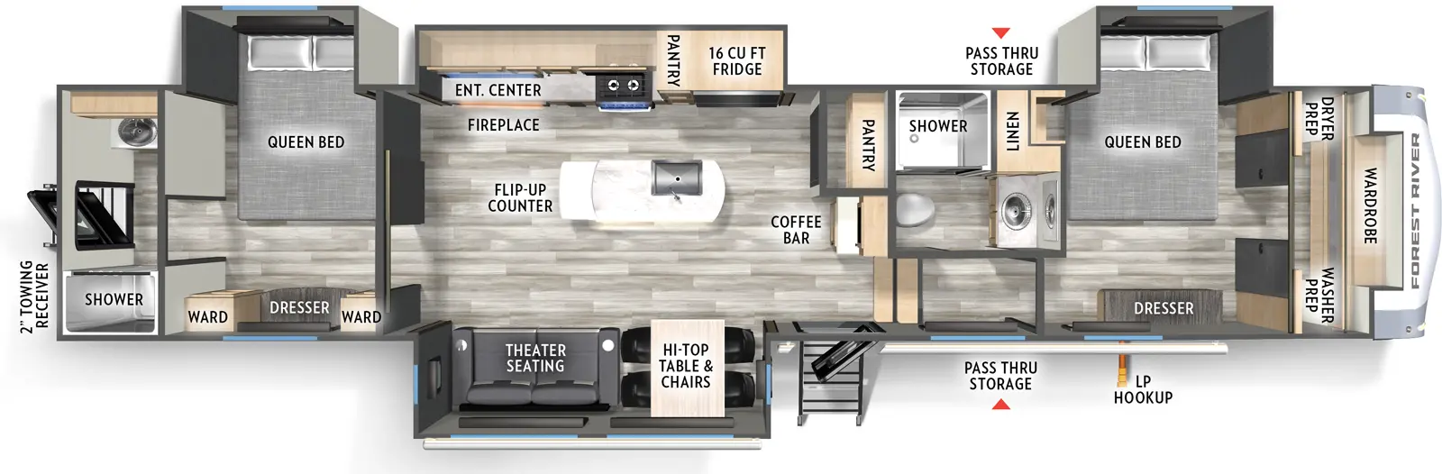 The 402BEDS has four slideouts and two entries. Interior layout front to back: wardrobe, off-door side queen bed slideout and linen closet, and door side dresser; off-door side full bathroom; steps down to main living area and entry; coffee bar with overhead cabinet and pantry along inner wall; off-door side slideout with refrigerator, pantry, kitchen counter with cooktop, overhead cabinet, and entertainment center with fireplace; kitchen island with sink; door side slideout with hi-top with chairs, and theater seating; bedroom with off-door side queen bed slideout, and door side dresser with wardrobes on each side; rear full bathroom with medicine cabinet and rear second entry.